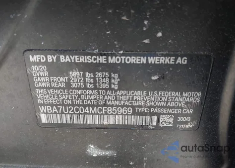2021 BMW 750I xDrive z USA, uszkodzony, nr VIN WBA7U2C04MCF85969